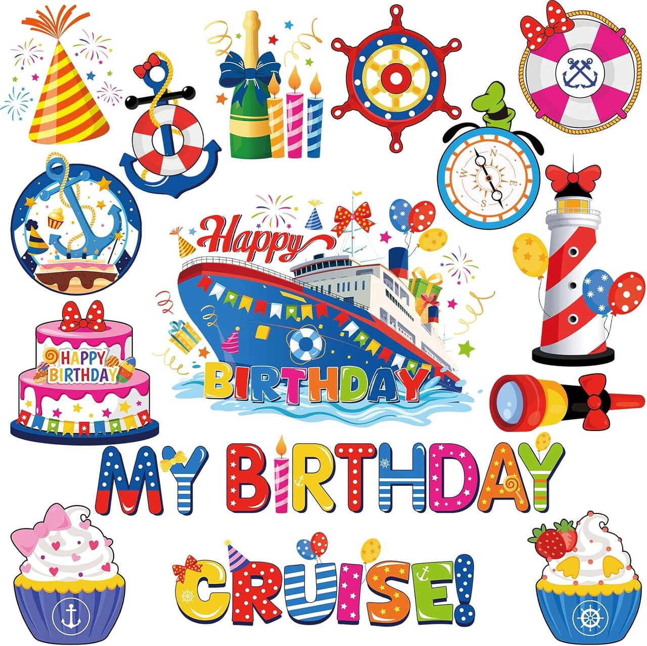 Birdthday Cruise Door Decorations - 16 Pcs Mouse Ship Cabin Magnetic Stickers